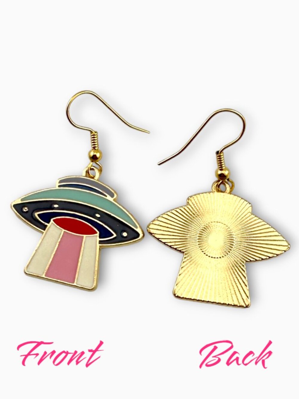 Retro UFO Spaceship Enamel Earrings Gold Plated Alien Sci Fi Dangle - Picture 6 of 9